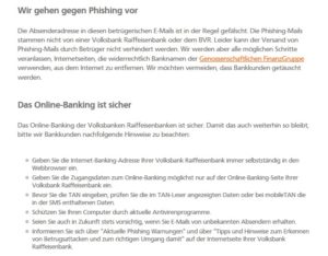 Volksbanken-Raiffeisenbanken zum Thema Phishing (Screenshot vr.de/privatkunden/news/phishing-mail.html)