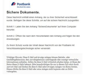 Postbank-Phishing "Wichtig: Dokumente sichern" (Screenshot)